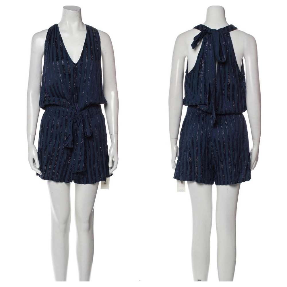 RAMY BROOK Blue Gold V-Neck Romper with Ties Small